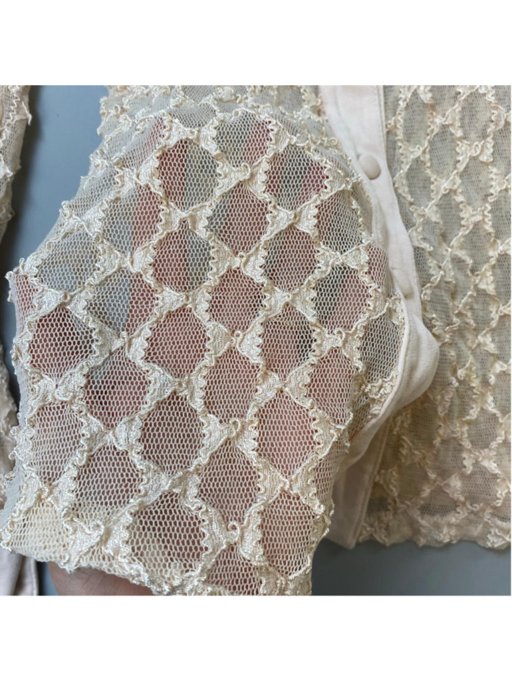 Vintage Holt Renfrew Lace Blouse Medium Beige Y2K Coquette Boho Chic Sheer Layer - Picture 6 of 11
